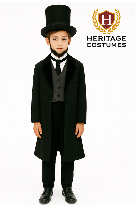 Children’s Abraham Lincoln costume featuring a black Victorian frock coat with a velvet collar, charcoal grey vest with attached shirt collar and string tie, black twill pants, a collapsible felt stovepipe hat, and an attached beard. Perfect for school plays, Presidents’ Day, historical reenactments, and educational events.
