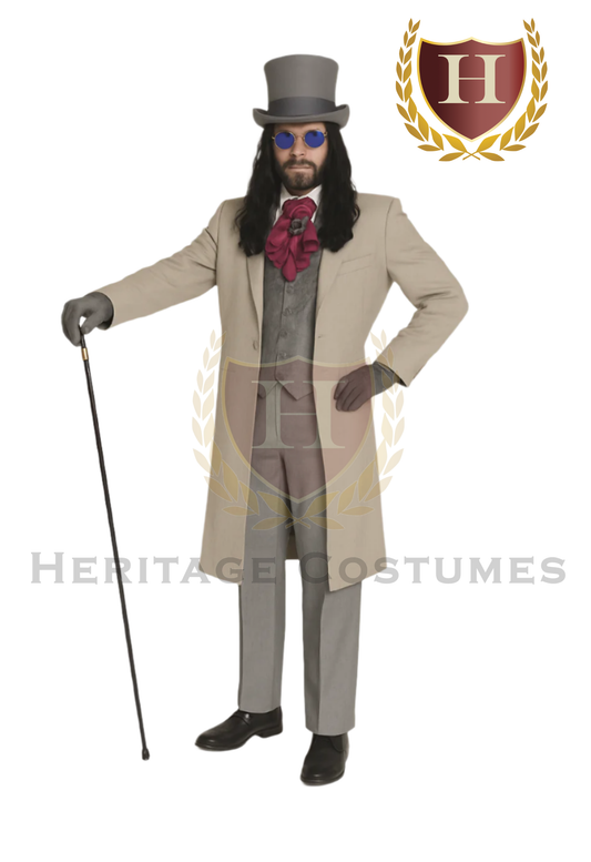 dult Victorian-style Count Dracula costume featuring a grey frock coat, vest, and vintage accessories inspired by 19th-century gothic fashion.