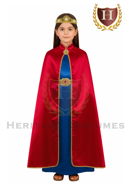 All Saints’ Day costume representing Saint Philomena, featuring a long robe with a red drape and symbolic accessories inspired by early Christian martyrdom.