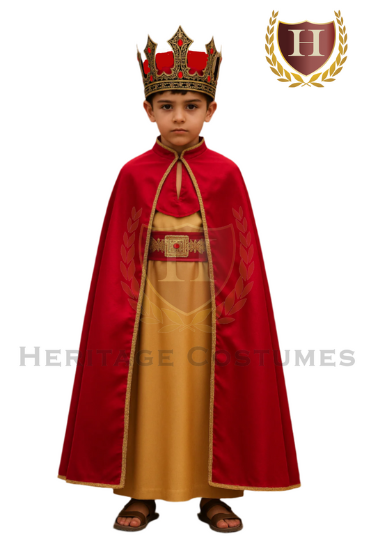 Model view of the Balthazar Three Kings costume featuring a gold satin under robe, red satin cloak with gold trim, and red waist sash.