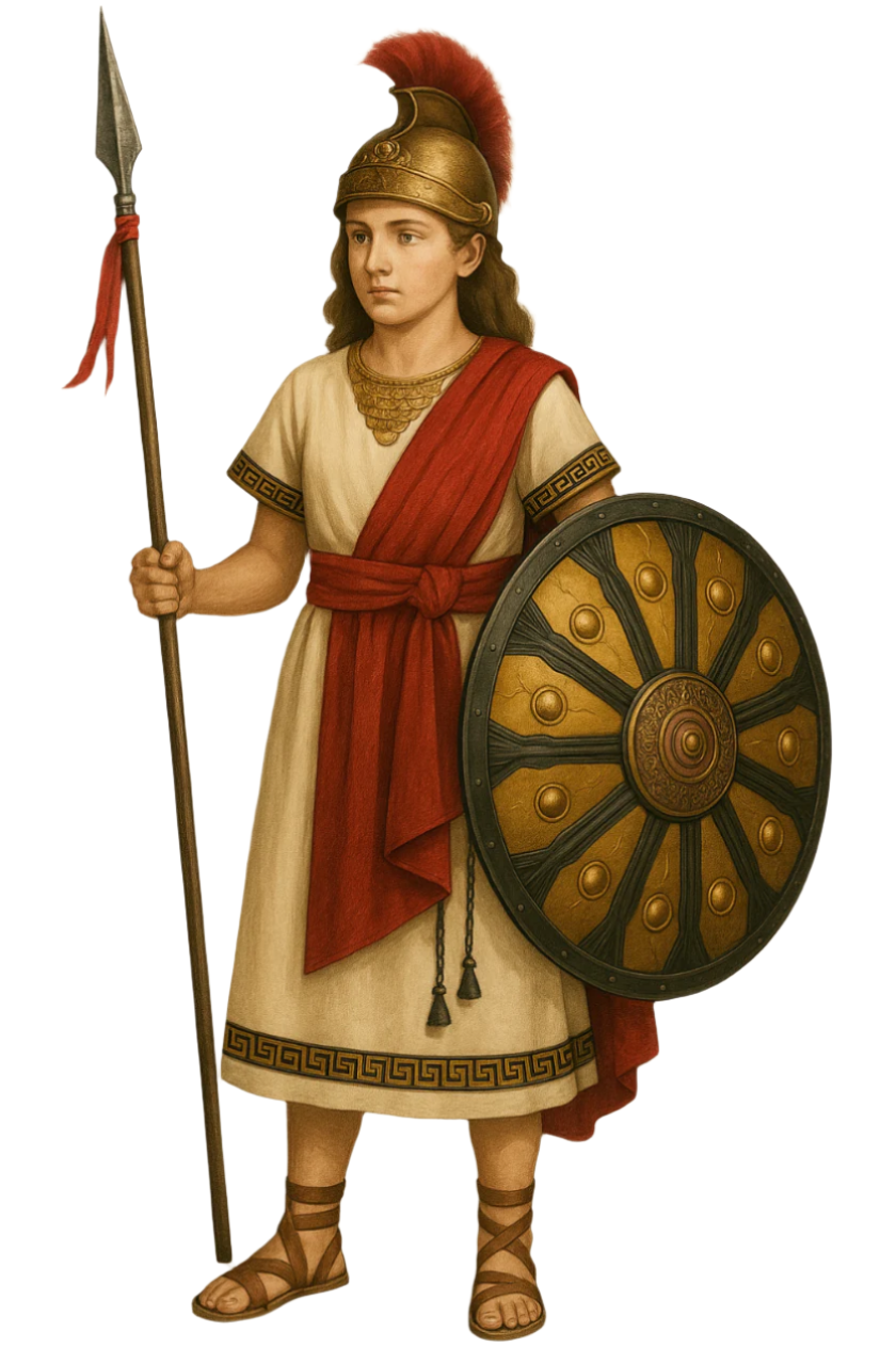 Artist rendering of a children's Athena or Minerva costume featuring a white Grecian-style gown with metallic trim, a red shoulder drape, and gold accessories, inspired by the Roman and Greek goddess of wisdom and war.