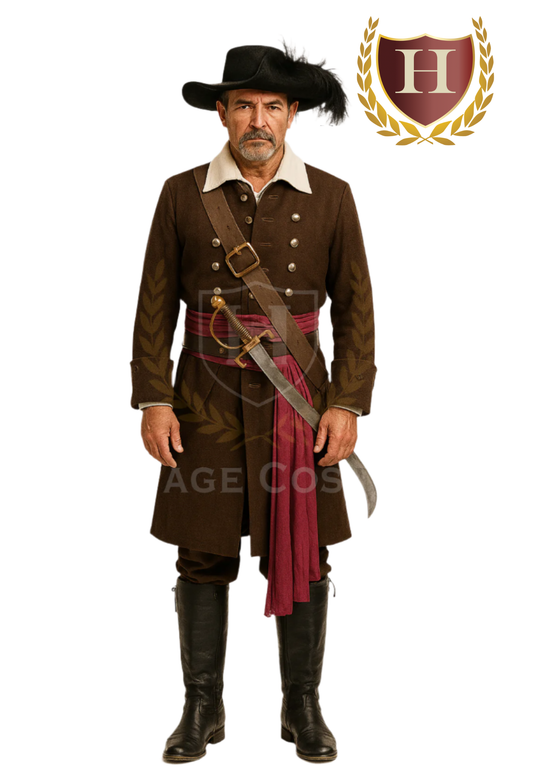 Deluxe pirate costume inspired by Hector Barbossa, featuring a long brown coat with silver buttons, wide-brimmed feathered hat, burgundy sash, faux leather sword belt, and tall black boots, styled for a historical 17th-century pirate look