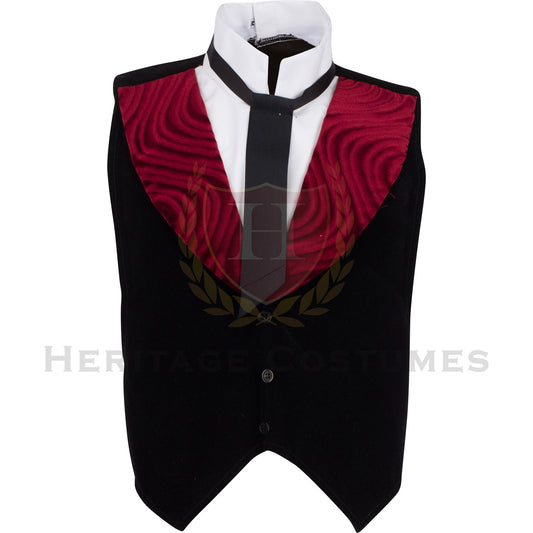 Front view of a black formal Victorian vest featuring burgundy swirl velvet lapels, an attached wing-tip shirt front, and a classic black ribbon tie. Ideal for Western lawmen, Victorian gentlemen, and historical reenactments.