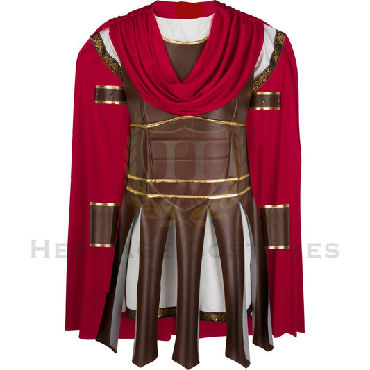 Front view of the Alexander the Great Children's Costume, featuring a detailed chest plate with gold accents, a red cloak, a white Grecian tunic, and matching wrist and arm guards, perfect for historical reenactments, cosplay, and themed events.