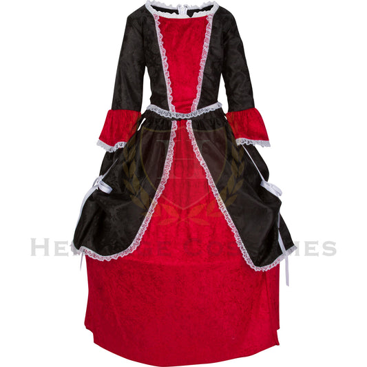Front view of Children's Mina Harker Victorian Vampire Costume – Elegant black and blood-red velvet Victorian dress with lace-trimmed bell sleeves, inspired by Bram Stoker's Dracula, perfect for gothic and historical reenactments.