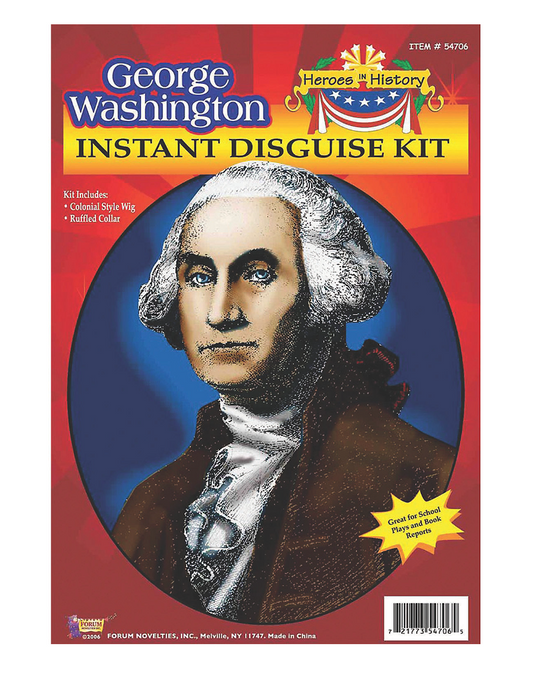 George Washington historical roleplay accessory kit featuring a white powdered wig and colonial-style jabot, perfect for creating an authentic look for reenactments, school plays, or educational events.