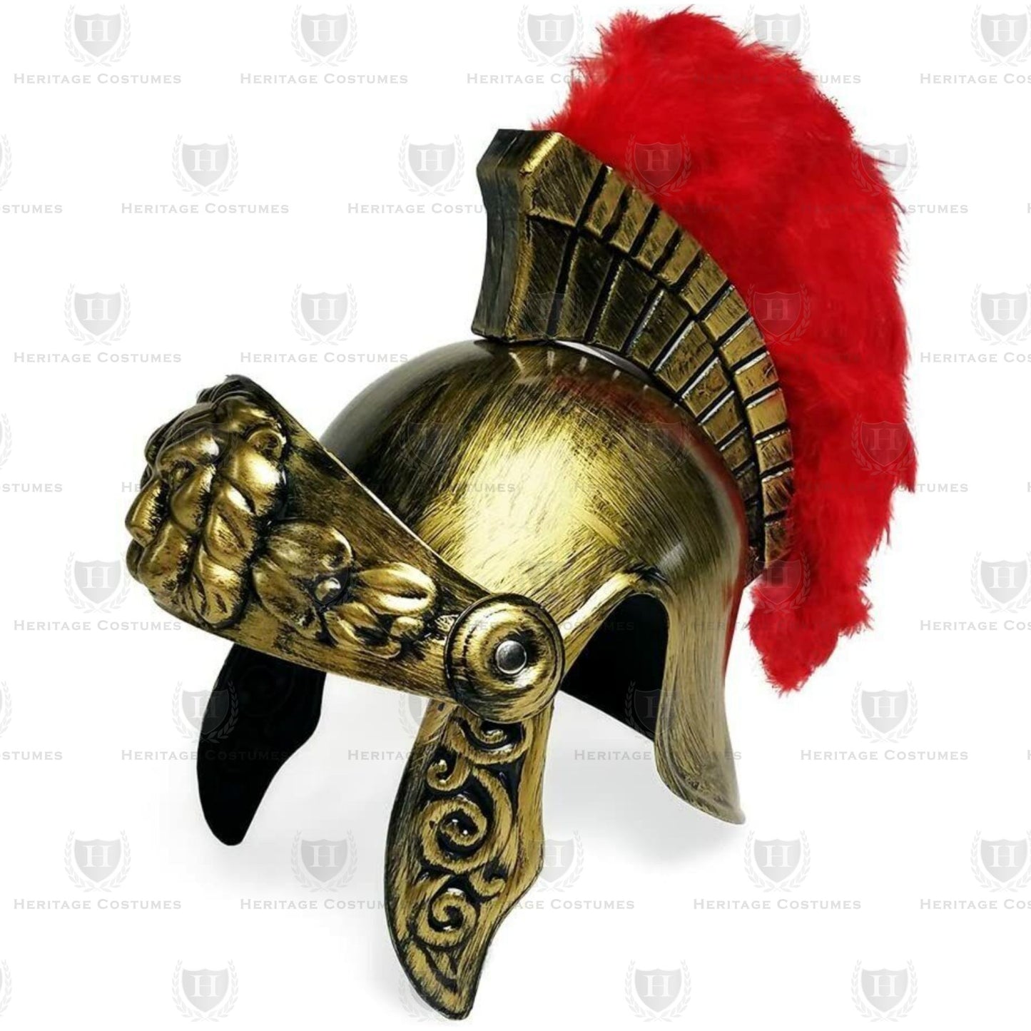 Gold Roman Centurion Helmet featuring a bold red crest and an intricate lion emblem, designed for historical reenactments, theatrical performances, and Roman warrior costumes.