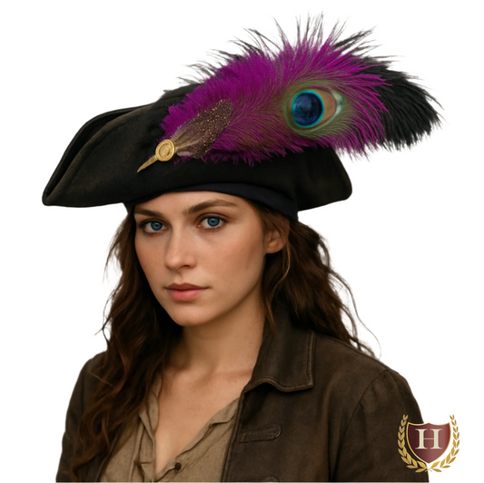 Female pirate model wearing a weathered black tricorn hat adorned with vibrant purple, black, and peacock feathers, accented by a gold button, on a pure white background.