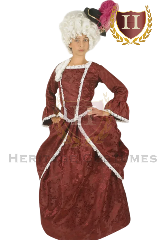 Girl’s Marie Antoinette costume featuring an elegant 18th-century French royal dress with lace trim, brocade fabric, and period-accurate details – perfect for historical reenactments or school plays.