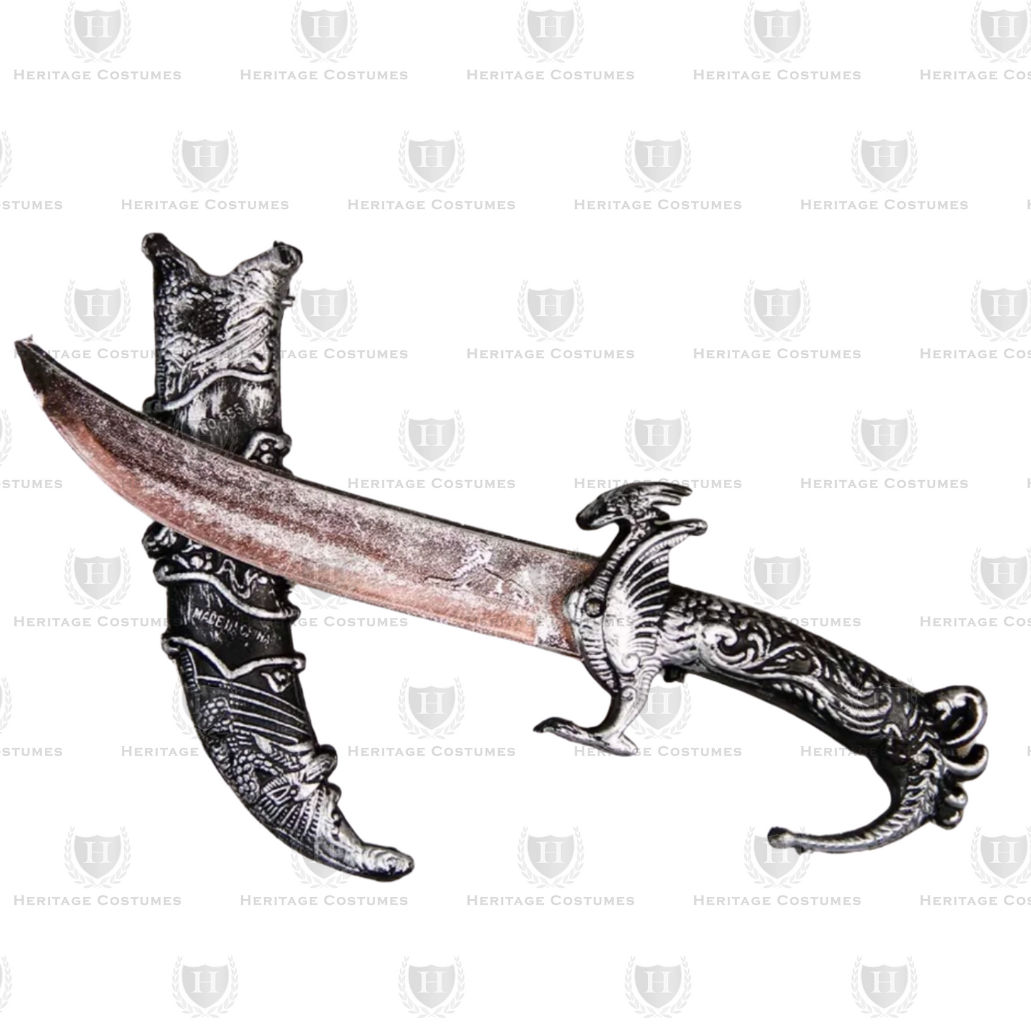 Alternate angle of the plastic silver dagger and sheath set, featuring a metallic finish and molded detailing, ideal for pairing with pirate hats or costume accessories.