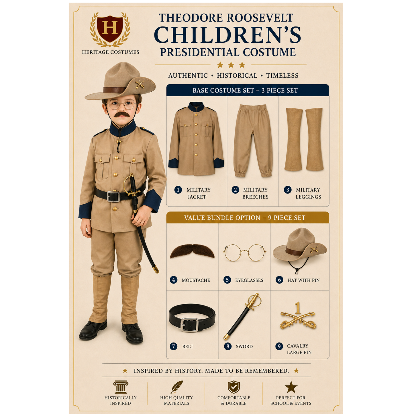 Theodore "Teddy" Roosevelt Children's Rough Rider Costume, Spanish American War Uniform
