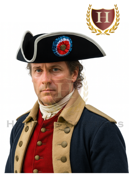 The Minuteman's tricorne hat – a cocked colonial hat with a traditional three-cornered design, ideal for American Revolutionary War reenactments or 18th-century costumes.