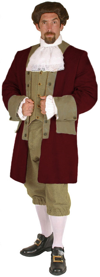 Thomas Paine Adult Colonial Costume featuring a Bib Front Jabot, inspired by 18th-century Revolutionary War-era fashion, perfect for historical reenactments, theatrical performances, and patriotic events.