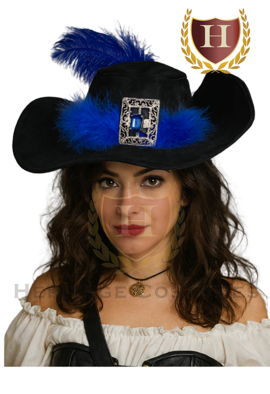 Women's blue feather pirate hat with gold buckle and trim – buccaneer tricorn costume accessory