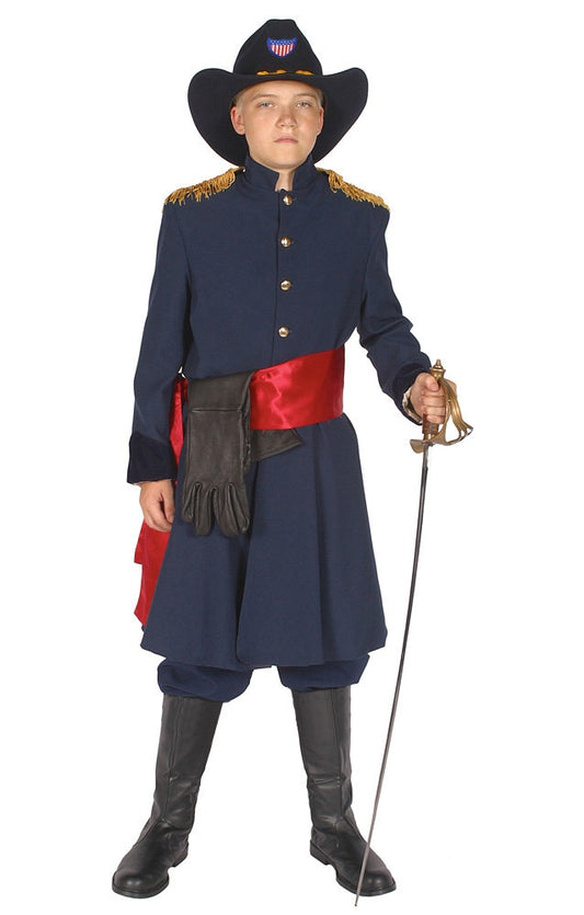 hildren's Ulysses S. Grant American Civil War Uniform featuring a navy frock coat with gold buttons, matching trousers with a yellow military stripe, and a red waist sash, perfect for historical reenactments, educational events, and theatrical performances.