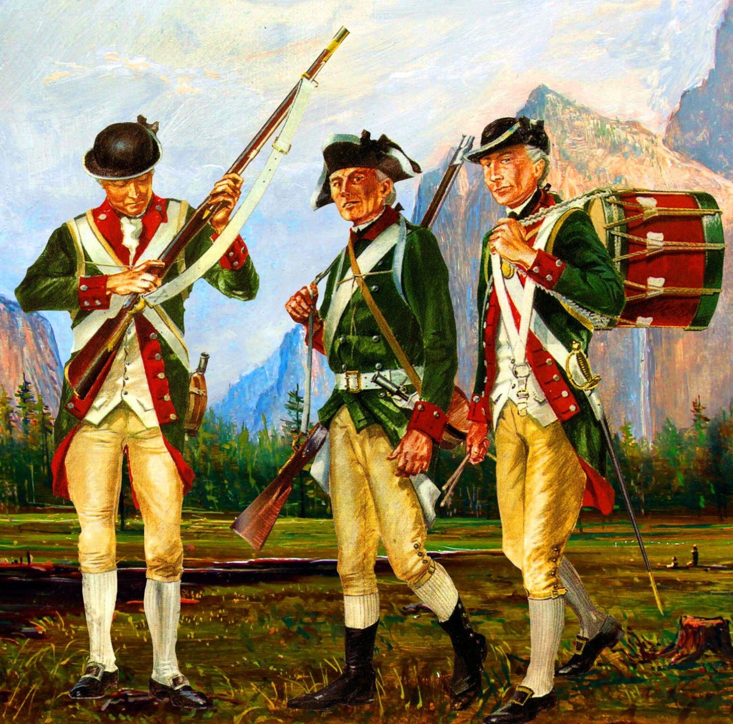 This artistic rendering of Continental Marines during the American Revolution, depicting their green and red uniforms and historical military presence, is ideal for educational and historical purposes.
