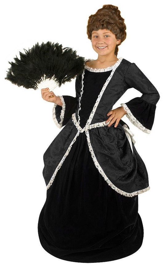 Mary Todd Lincoln children's costume featuring a satin jacquard two-piece dress with lace trim, a Victorian fascinator, and optional historical accessories like a shawl, feather fan, hoop skirt, and lace gloves. Perfect for historical reenactments, school plays, Presidents’ Day, and educational events.