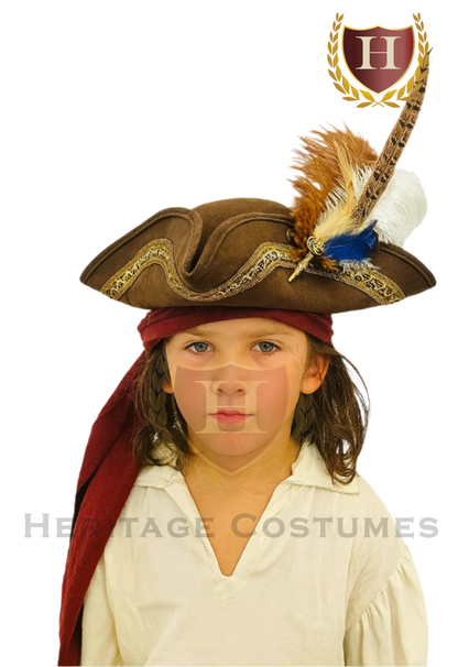 Children’s Brown Pirate Tricorn Hat – Faux Suede Colonial Style
