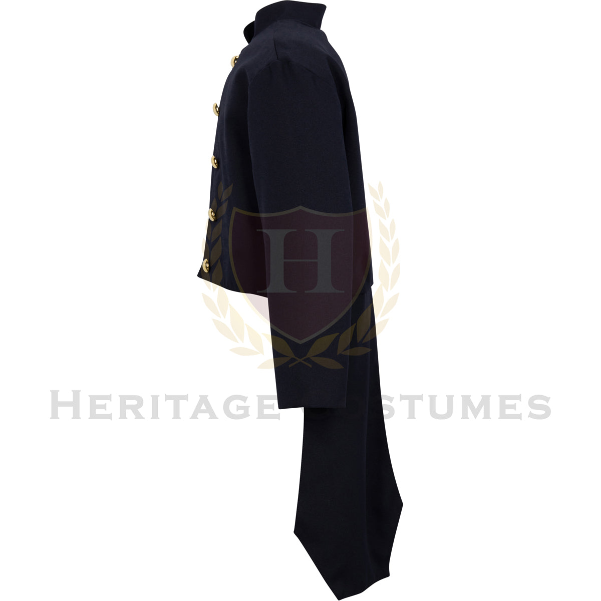 Side view of a 19th-century military tailcoat, featuring a navy blue design with gold buttons and a short front with long tails in the back. Perfect for historical reenactments, War of 1812 portrayals, and period military uniforms.