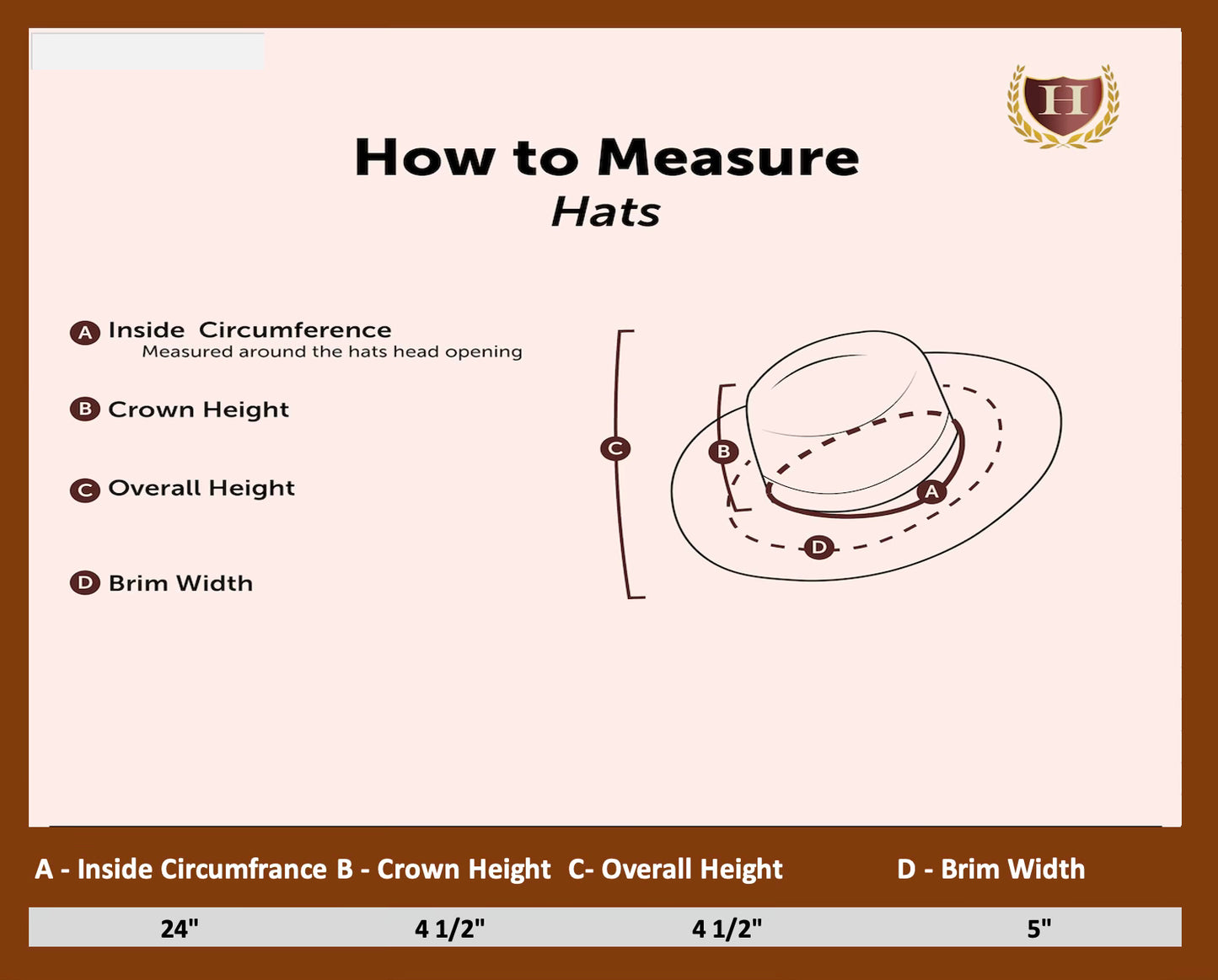 Size chart for Calico Jack's Tricorne Hat, detailing the generous inside diameter of up to 24 inches, suitable for most adult head sizes, and adjustable fit for comfort and style.