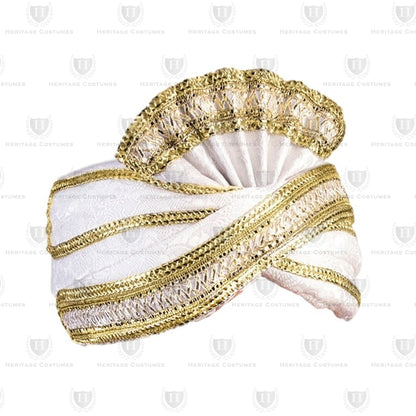 Melchior's Golden Crown featuring a white brocade design embellished with intricate gold trim, perfect for completing nativity costumes with a regal and authentic touch.