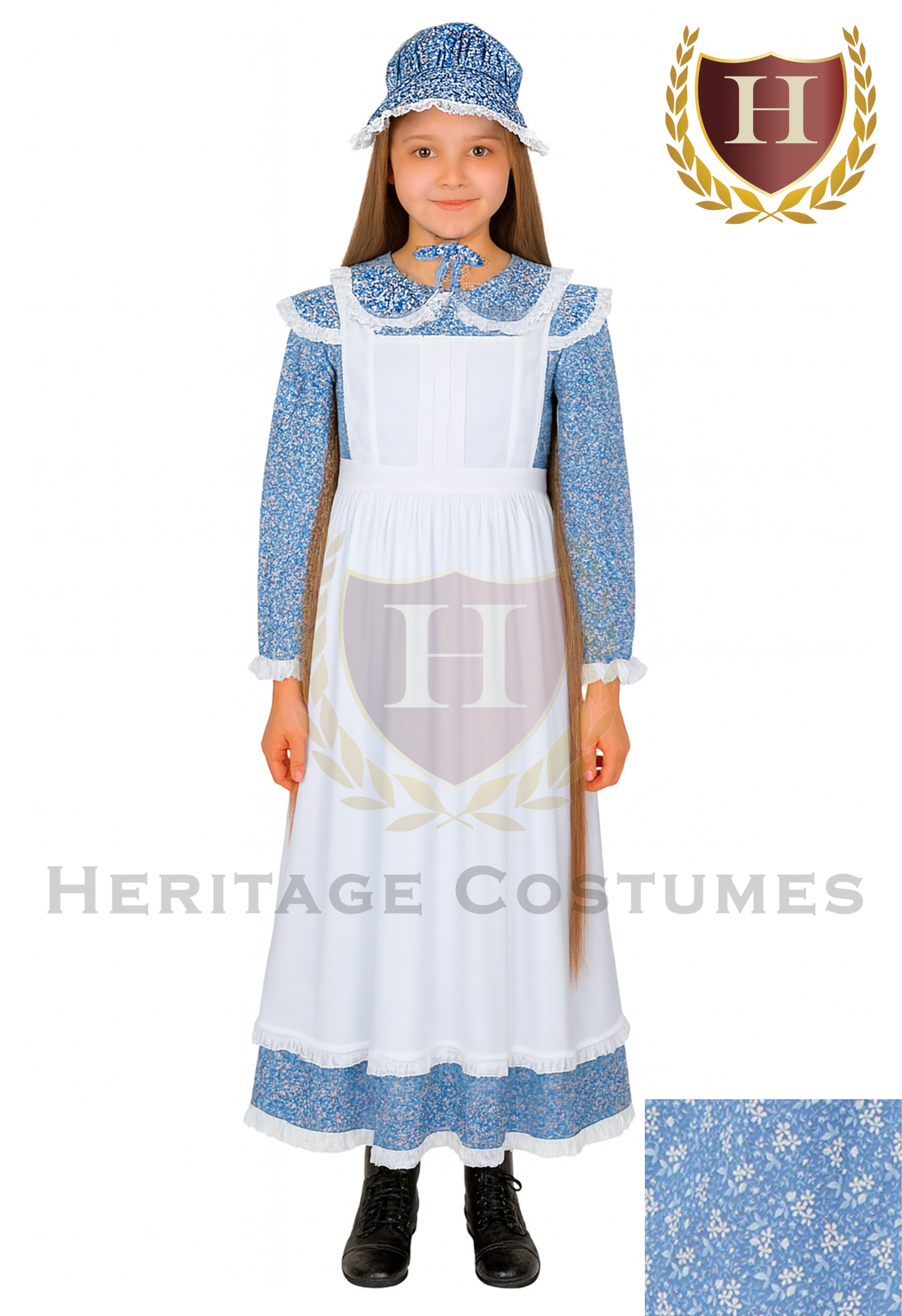 American Frontier Pioneer Girl Dress with Matching Bonnet and Apron