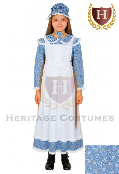 American Frontier Pioneer Girl Dress with Matching Bonnet and Apron