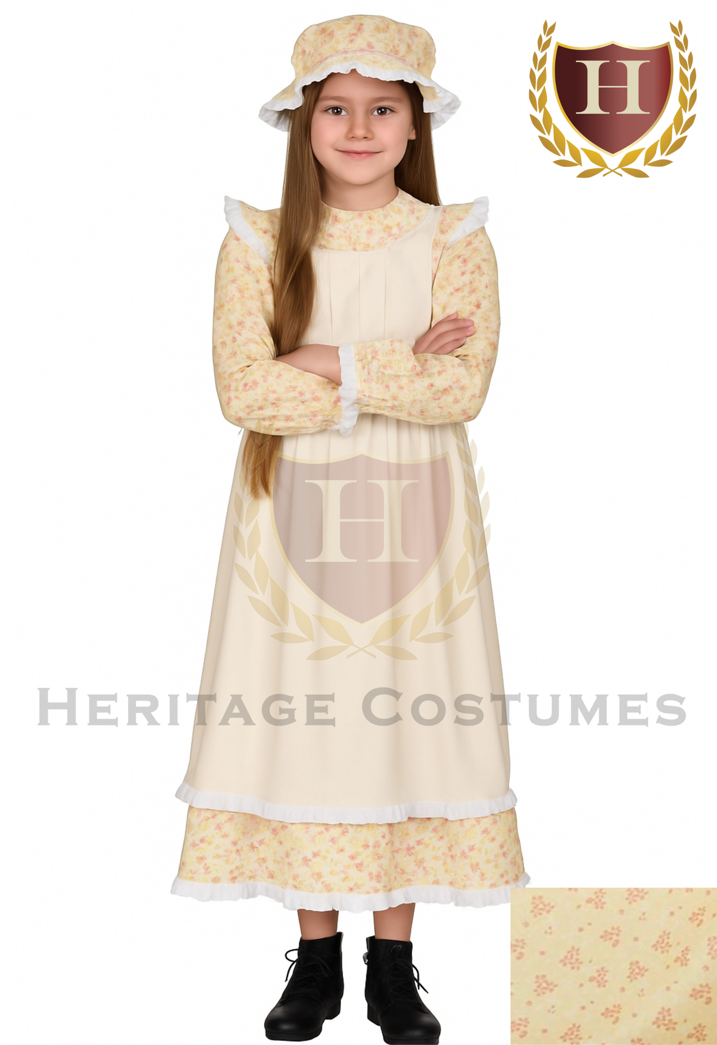 American Frontier Pioneer Girl Dress with Matching Bonnet and Apron