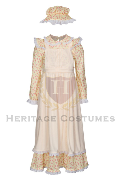 American Frontier Pioneer Girl Dress with Matching Bonnet and Apron
