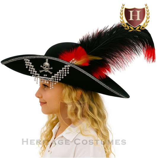 Girls Swashbuckler Pirate Hat with Feathers & Skull Charm