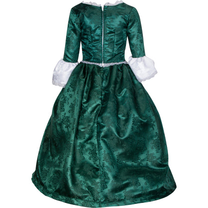 Back view of Abigail Adams costume – Elegant 18th-century colonial dress with lace-trimmed bodice, full-length skirt, and historical accessories, perfect for reenactments and school projects.