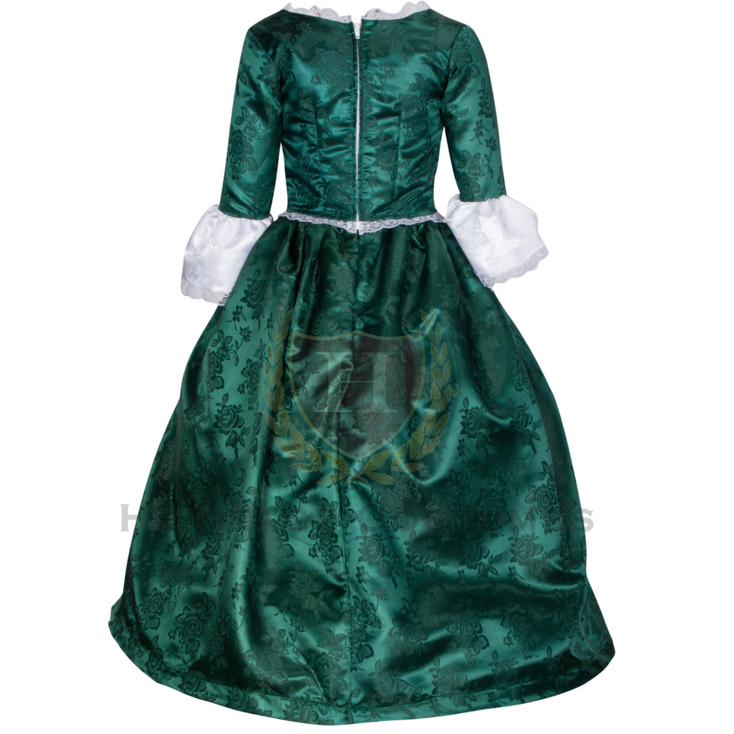 Back view of Abigail Adams costume – Elegant 18th-century colonial dress with lace-trimmed bodice, full-length skirt, and historical accessories, perfect for reenactments and school projects.