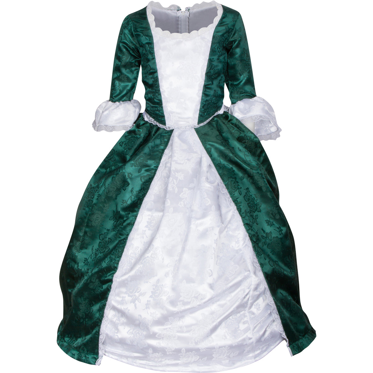 Front view of Abigail Adams costume – Elegant 18th-century colonial dress with lace-trimmed bodice, full-length skirt, and historical accessories, perfect for reenactments and school projects.