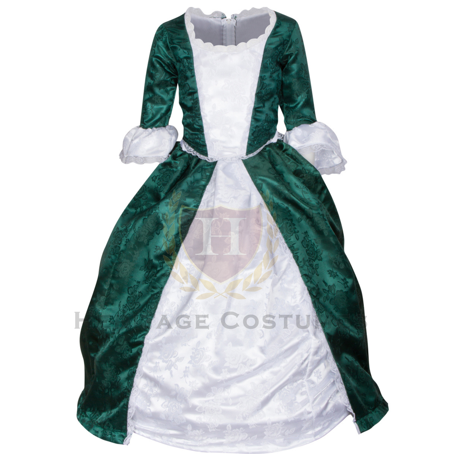 Front view of Abigail Adams costume – Elegant 18th-century colonial dress with lace-trimmed bodice, full-length skirt, and historical accessories, perfect for reenactments and school projects.