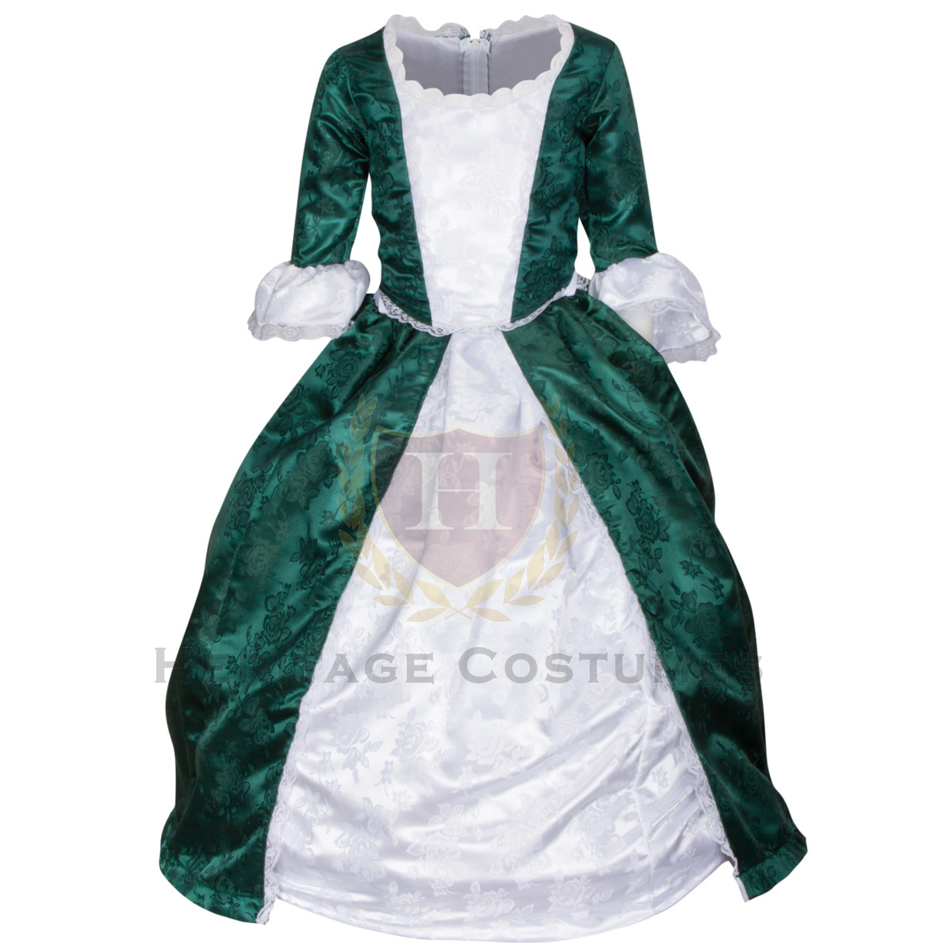 Front view of Abigail Adams costume – Elegant 18th-century colonial dress with lace-trimmed bodice, full-length skirt, and historical accessories, perfect for reenactments and school projects.