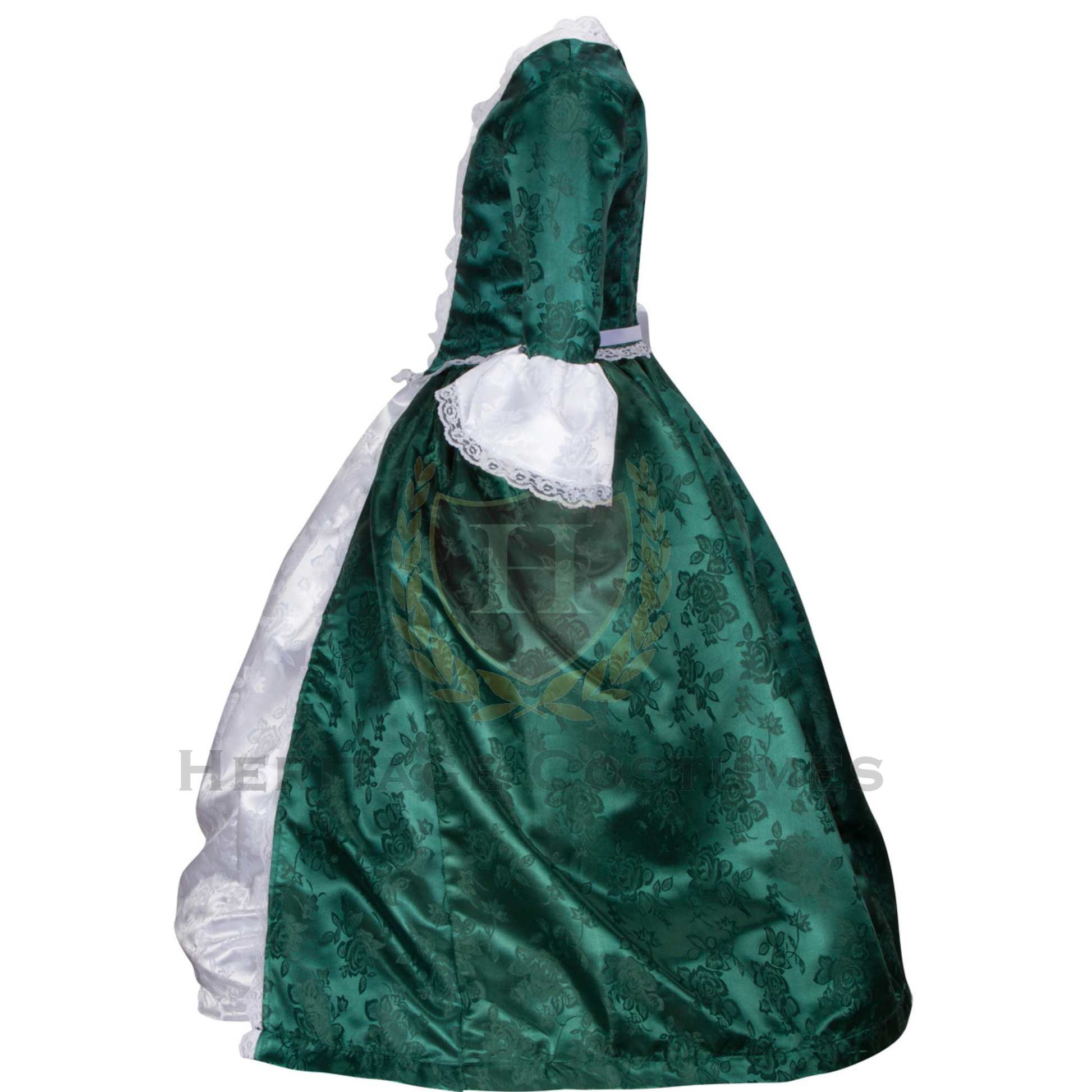 Side view of Abigail Adams costume – Elegant 18th-century colonial dress with lace-trimmed bodice, full-length skirt, and historical accessories, perfect for reenactments and school projects.