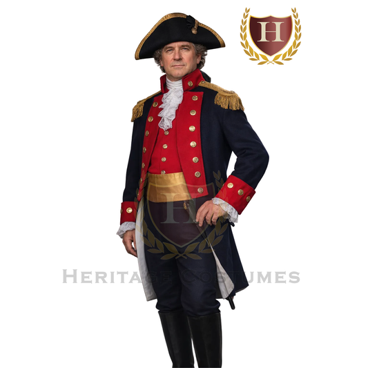 Adult model wearing a John Paul Jones navy uniform, American Revolutionary War naval officer attire.