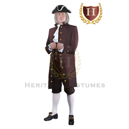 Adult Ben Franklin costume modeled in full view, featuring a colonial-style brown coat, tan vest, white cravat, knee-length breeches, white stockings, and black colonial shoes—complete with round spectacles for an authentic historical look.