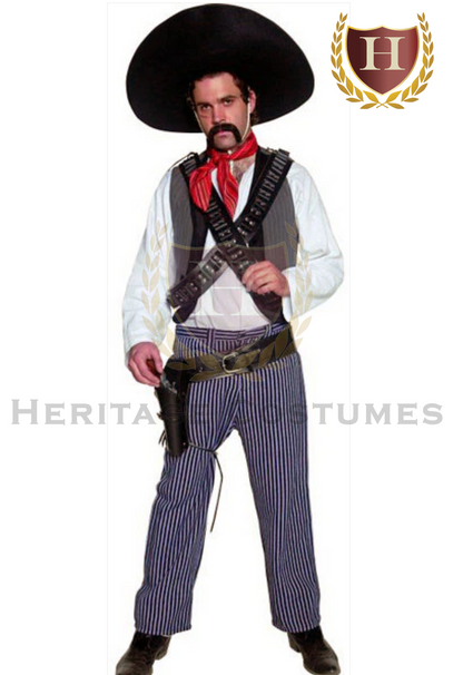 Adult Pancho Villa costume modeled in full view, featuring a black sombrero, solid red neck scarf, striped vest, crossed bandoliers, pinstriped pants, gun holster, and black boots.