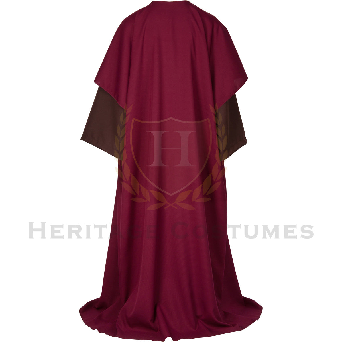 Back view of the Adult Shepherd Robe Costume, featuring the flowing burgundy over-robe, brown undergarment, and adjustable rope belt, ideal for nativity plays and biblical reenactments.