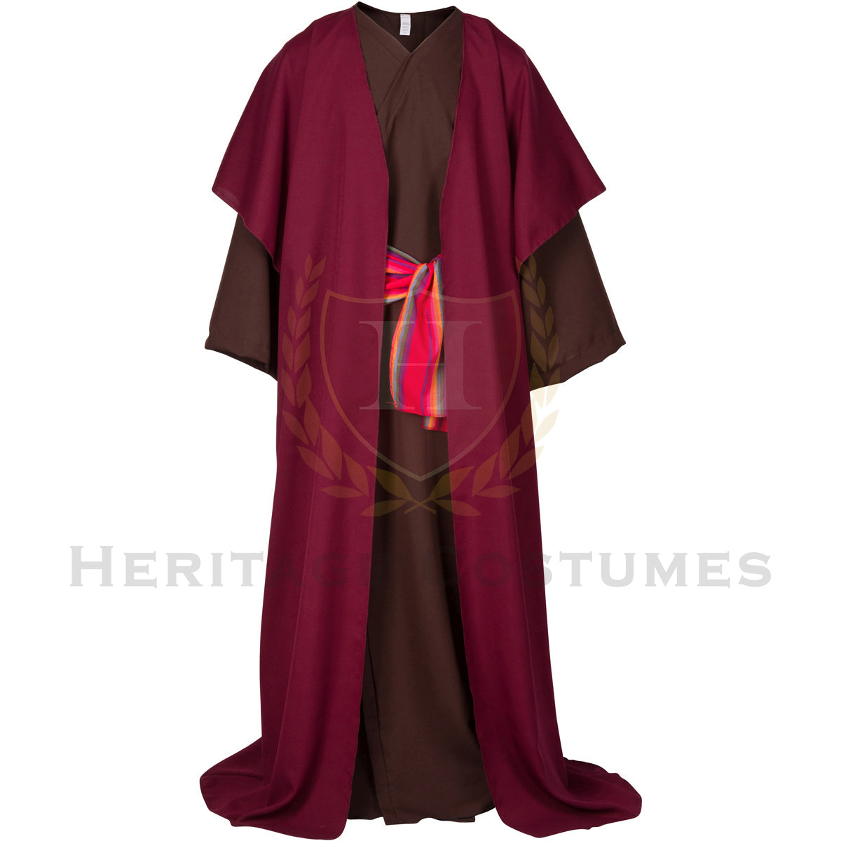 Adult Shepherd Robe Costume featuring a burgundy over-robe, brown undergarment, and adjustable rope belt, perfect for nativity plays, biblical reenactments, and Christmas pageants.