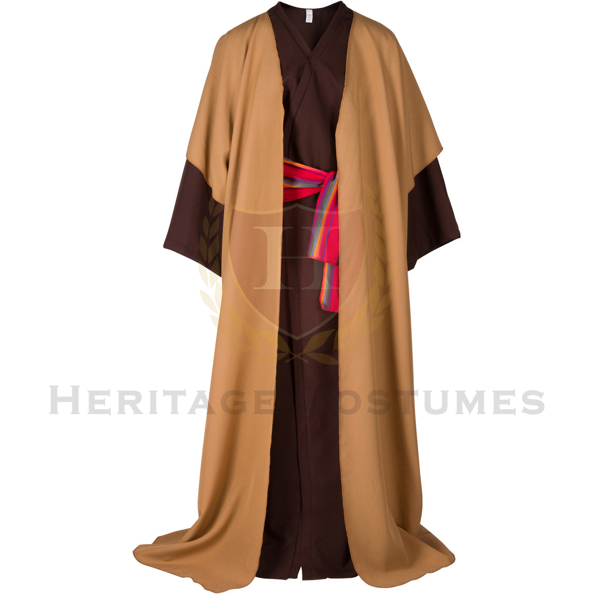 Adult Shepherd Robe Costume featuring a gold-tone over-robe, brown undergarment, and adjustable rope belt, perfect for nativity plays, biblical reenactments, and Christmas pageants.