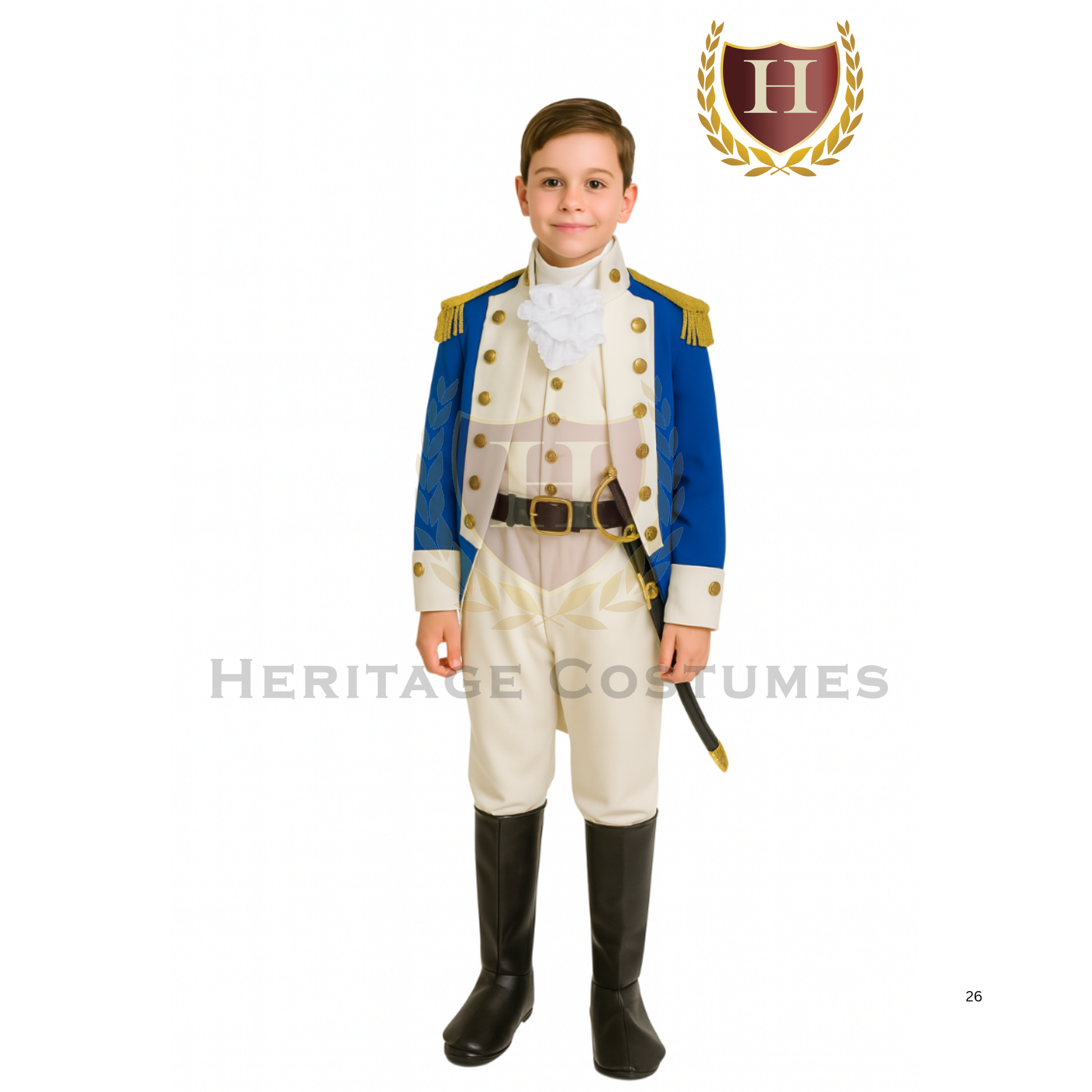 Child wearing an Alexander Hamilton costume inspired by the American Revolutionary War, colonial statesman outfit.