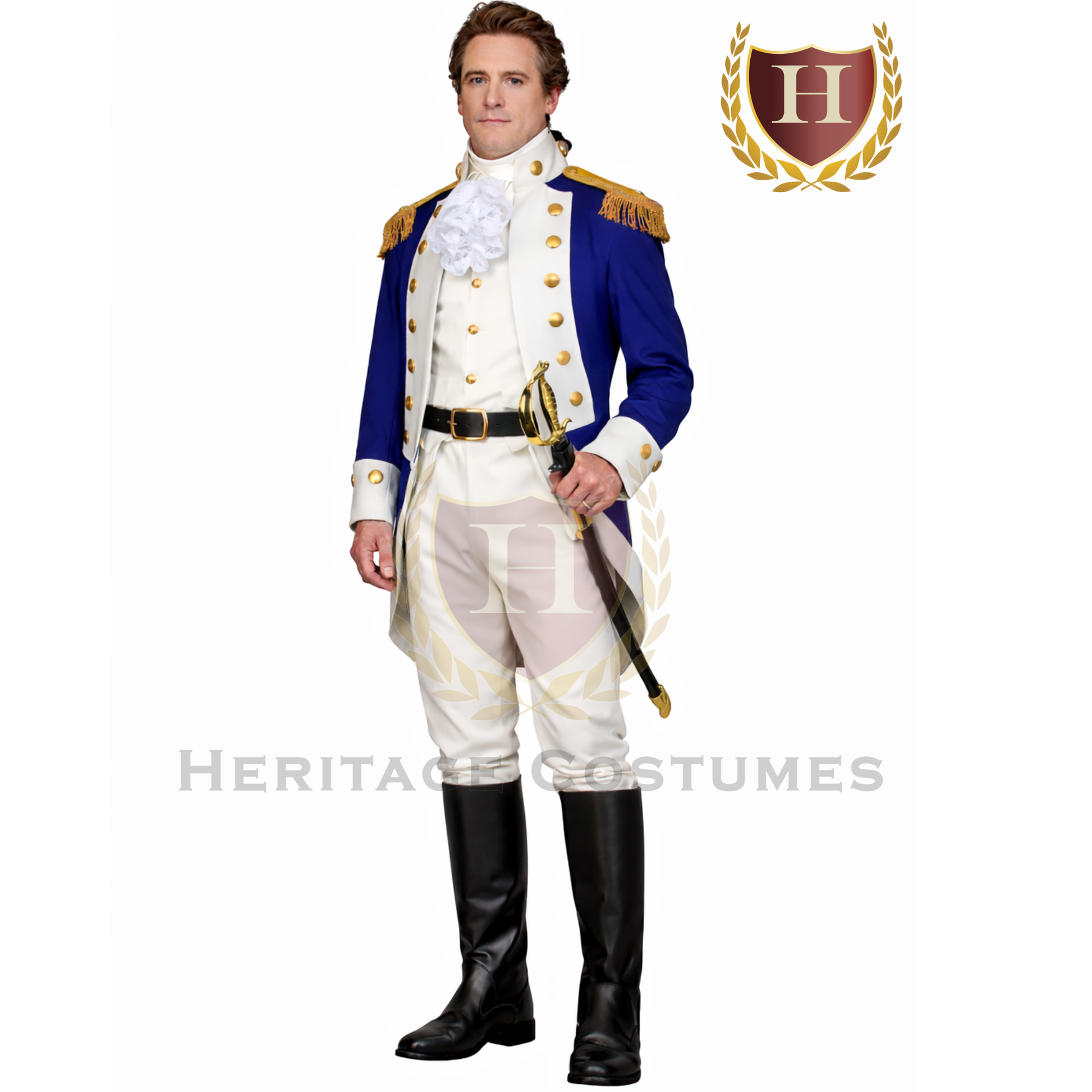 Model wearing an Alexander Hamilton military uniform inspired by the American Revolutionary War.