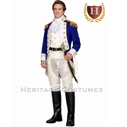 Model wearing an Alexander Hamilton military uniform inspired by the American Revolutionary War.