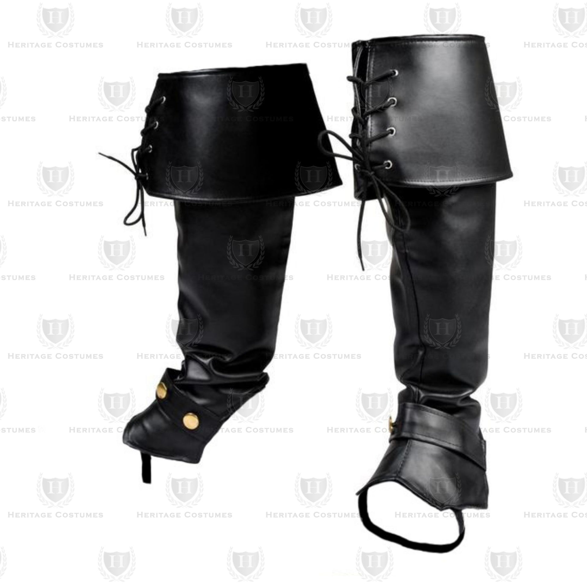 Alternate View of Pirate boot tops made from durable black vinyl fabric, designed to be worn over shoes for the look of classic knee-high pirate boots. Features a large cuff with two gold buttons and an elastic strap for a secure fit. Perfect for pirate costumes, Renaissance Faires, and theatrical performances.