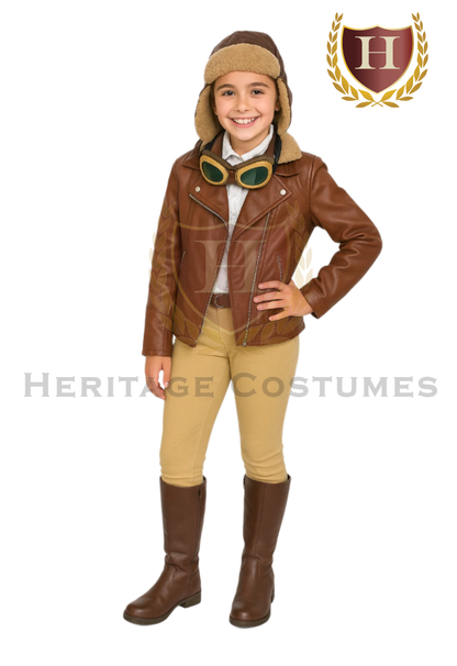 Children’s Amelia Earhart aviator costume featuring a brown flight jacket, khaki pants, white scarf, aviator cap with goggles, and brown boots—perfect for school projects or historical presentations.