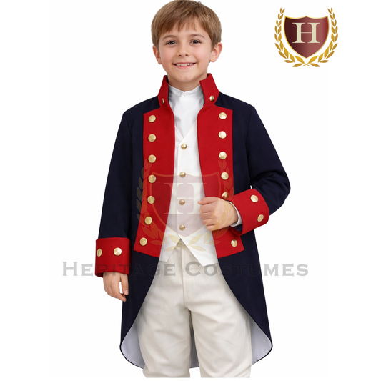 Child wearing an American Continental Army uniform jacket, Revolutionary War military attire