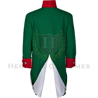 Back view of the American Revolutionary War Continental Marine Corps uniform jacket, showcasing its green gabardine fabric, red accents, and historically inspired design, perfect for reenactments and educational events.