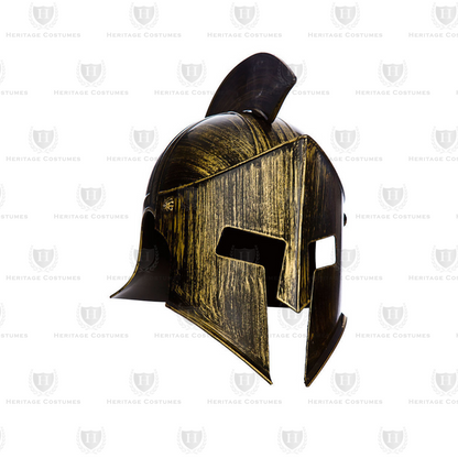 Ancient Greek Warrior Helmet featuring a gold battle-worn finish with a movable face guard, inspired by the helmets worn by Greek soldiers, perfect for historical reenactments, cosplay, and warrior-themed costumes.